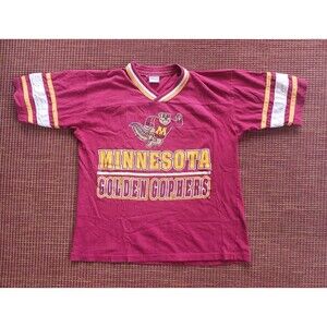 Vtg Minnesota Golden Gophers T-Shirt V Neck Boys L 14/16 Womens Small Red Yellow